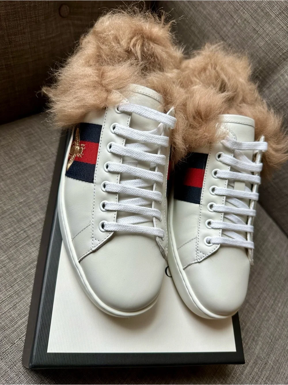 Gucci Ace White Leather Fur-Lined Sneakers with Red and Blue Stripe